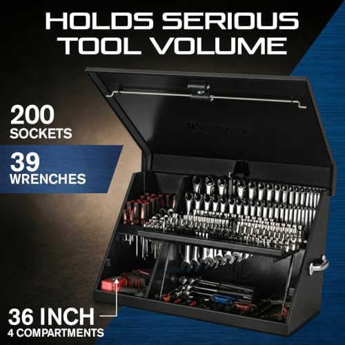 Montezuma – XL450B – 36-Inch Portable TRIANGLE Toolbox – Multi-Tier Design – 16-Gauge Construction – SAE and Metric Tool Chest – Weather-Resistant Toolbox – Lock and Latching System, Black