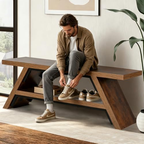 2-Tier Shoe Storage Bench, 55" Large Solid Wood Entryway Stool Storage