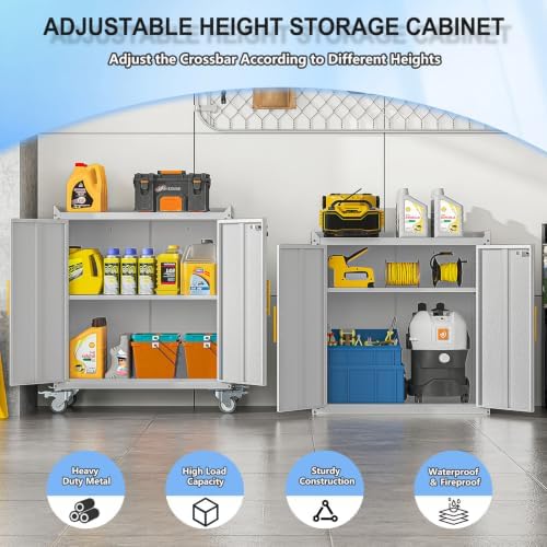 35.6" Rolling Metal Garage Storage Cabinet with Wheels & Lock, Grey White