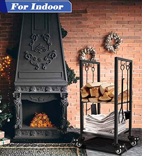 Koutemie Firewood Rack Indoor, 2 Tier Small Firewood Holder with Wheels