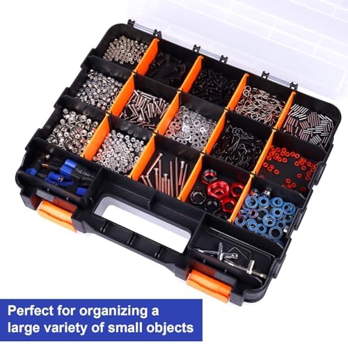Small Parts Organizer Double Sided Parts Organizer with Removable Dividers 34-Compartments Storage Bins for Hardware, Screws, Nuts, Bolts, Washers, Nails, Fasteners, Tools