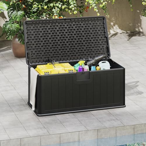 GIANTEX 100 Gallon Deck Box, Waterproof Resin Box with Lockable Lid, 440Lbs Outdoor HDPE Storage Container Bench for Patio Furniture Cushions, Pool Tools & Garden Accessories (Black)