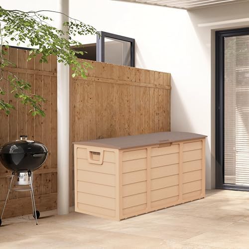 75 Gallon Outdoor Deck Box - Heavy Duty Resin Storage with Lockable Lid, UV Resistant for Patio Furniture Cushions, Pillows (Brown)