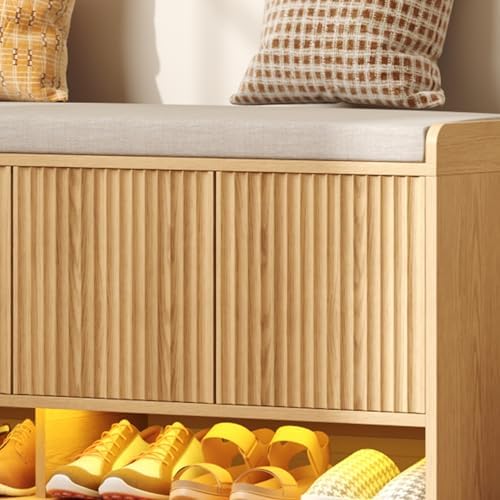 HOMEFORT 47.2" Fluted Shoe Storage Bench, Entryway Bench with Linen Seat Cushion, Shoe Cabinet Bench with Adjustable Shelf and Built-in LED Sensor Light, Bench for Bedroom End of Bed, Natural Oak