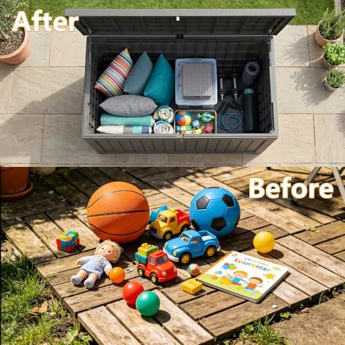 300 Gallon Outdoor Storage Box Waterproof Lockable Resin Deck Box Large, Patio Storage Bin for Pool Accessories Cushion Furniture, Garden Tools, UV-Resistant Outside Delivery Black
