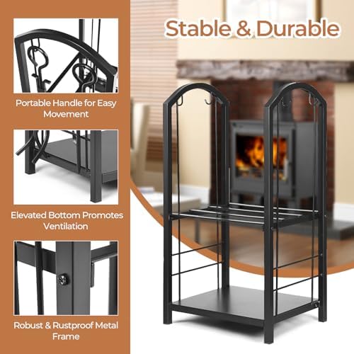 Tangkula 2-Tier Firewood Rack with 4 Fireplace Tools, 17.5''x12''x29.5''