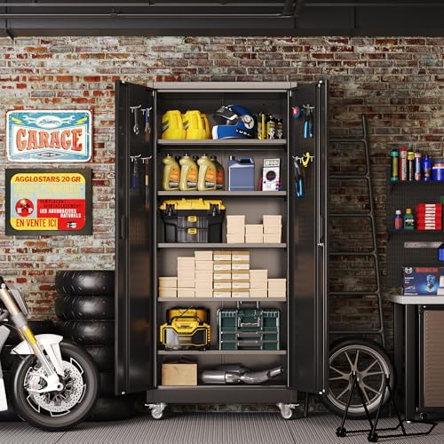 Reemoon 5 Adjustable 170 lb Shelves, Lockable Doors, Door pegboard and 4 Removable casters for Garage, Utility Storage.