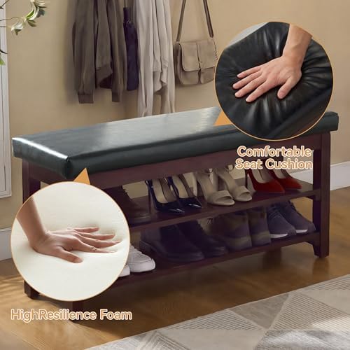 40" Wooden Shoe Rack with Seating, Entryway Bench with Shoe Storage, Black
