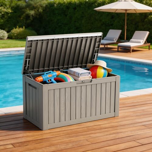 Mars Villa 90 Gallon Outdoor Storage Box, Deck Box Waterproof, Grey