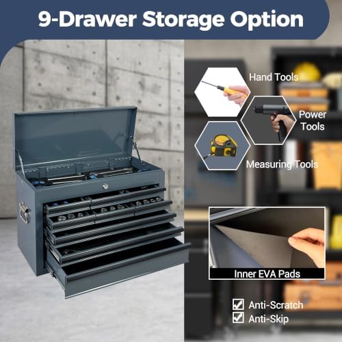 9 Drawers Metal Tool Box, 24" Portable Steel Tool Chest with Key Lock & EVA Liners, Multi-Function Top Storage Tray Toolbox with Powder Coating & Ball Bearing Slides for Garage & Workshop(Grey)