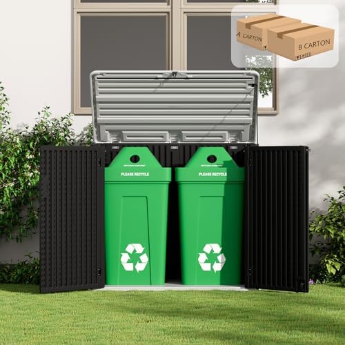 ZZM Large Outdoor Storage Shed, 48 Cu Ft Resin Versatile Storage Cabinet for Patio Accessories, Trash Cans & Garden Tools, Durable Horizontal Storage Box with Lockable Lid (Black)