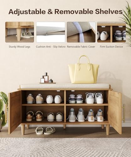 Akxomel 31.5" Rattan Shoe Storage Bench 2 Doors Wooden Entryway Bench Oak