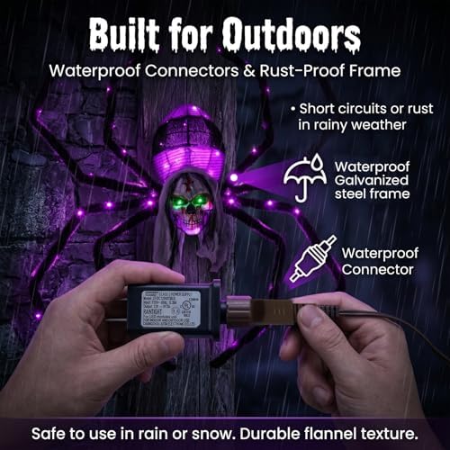 52" Halloween Giant Skull Face Spider, Lighted Outdoor Decoration with Flashing Red & Green Eyes, 70 LED Glowing Spider for Yard, Lawn, Porch, Haunted House Decor (52" Wall-Mounted)