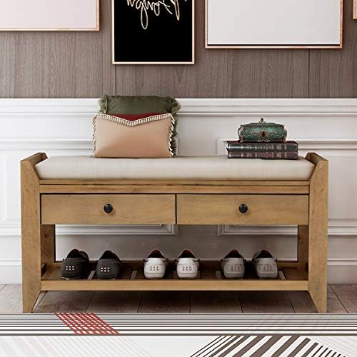 Merax Classic Wood Entryway Bench with Shoe Storge Wood Bench for Hallway Front Door Old Pine with Drawers and Seat Cushion Old Pine