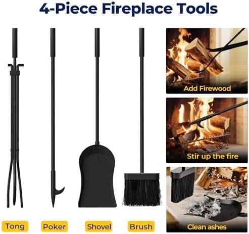 AMAGABELI GARDEN & HOME 30in Firewood Rack Indoor with Tools 5-Piece Fireplace Tools Set Wood Holder Outdoor Wrought Iron Log Holder Firewood Storage Rack for Fireplace,Fire Pit,Wood Stove Black