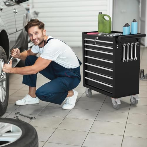 7-Drawer Rolling Tool Chest, Tool Box with 4 Wheels and Drawers, High Capacity Detachable Mobile Tool Storage Cabinet for Garage, Workshop, Mechanics and Repair Room (Black)