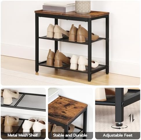 HOOBRO Shoe Bench, 3-Tier Shoe Rack,Industrial Shoe Organizer Storage Bench