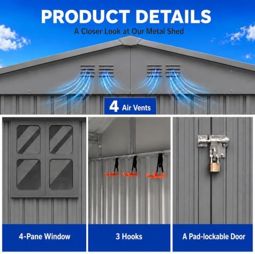 10x12 FT Outdoor Storage Shed, Large Metal Garden Shed with Window & Hinged Door, Upgraded Outside Tool Shed with Foldable Worktable & 2 Shelves, Waterproof Storage Building for Backyard, Gray