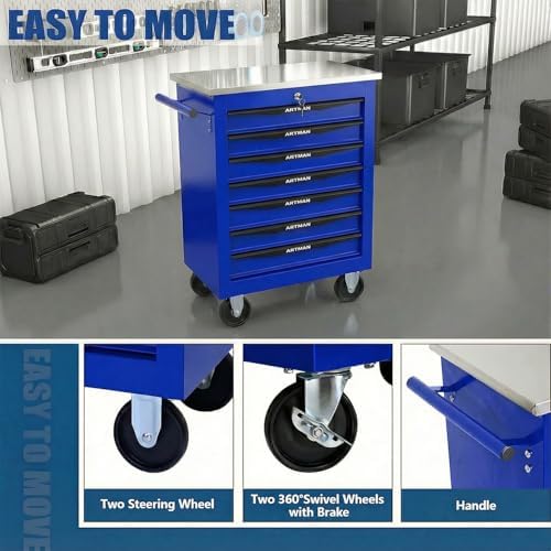 7-Drawer Rolling Tool Chest with Stainless Steel Countertop,Tool Chest with Secure Locking System,Mobile Storage Tool Cabinet with 360°Wheels and Padded Feet,for Home,Garage (Blue)