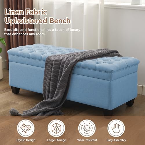 WUTUTUEE 50" Fabric Storage Ottoman Bench, Upholstered Rectangle End of Bed Storage Ottoman Tufted Living Room Bedroom Bench with Safety Hinge, Solid Wood Legs, Loads 500 lb(Light Blue)