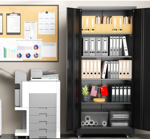 Greenvelly Metal Storage Cabinet with 4 Swivel Wheels,73" H Black Garage Storage Cabinet with Wheels, Rolling Tool Cabinet with Locking Doors and Shelves for Home,Basement, Kitchen Pantry,Warehouse