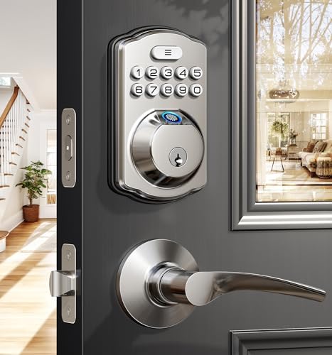 Veise Fingerprint Door Lock with 2 Door Knobs and Veise Fingerprint Door Lock with 2 Door Levers - Satin Nickel