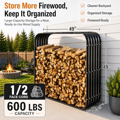 49in Firewood Rack with Cover Roof, Waterproof Heavy Duty Metal Log Holder for Indoor Outdoor Fireplace, Galvanized Steel Fire Wood Storage for Backyard Porch Deck
