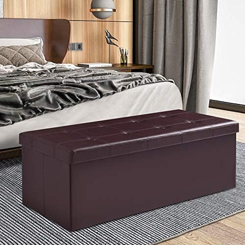 43" Folding Storage Ottoman Bench, Faux Leather Storage Chest, Brown