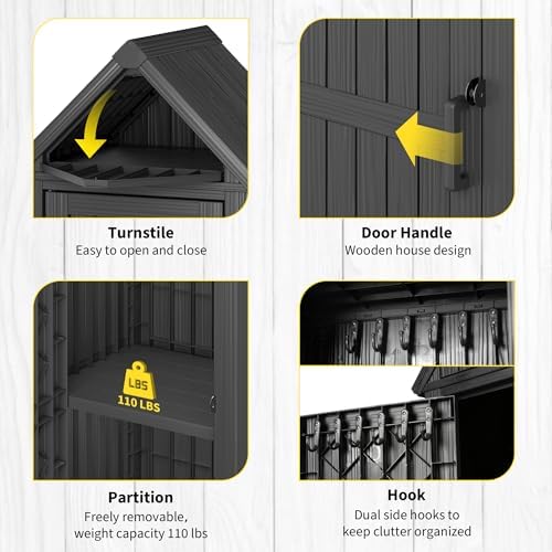 Fancyango Outdoor Resin Storage Cabinet Sturdy All-Weather Shed with Removable Shelves Lock Ring & Reinforced Floor – for Garden Patio Lawn (Black1)