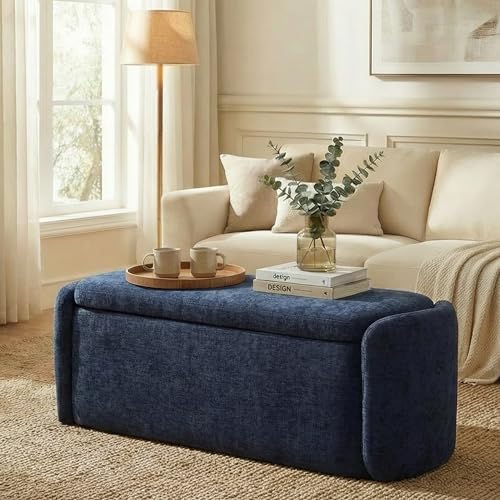 VKNOW Storage Bench, Upholstered Storage Ottoman Bench with Hinge, Navy