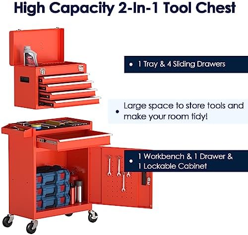 5-Drawer Rolling Tool Chest, High Capacity Removable Tool Storage Cabinet, Detachable Toolbox with Lock for Garage Warehouse and Tool Room (Red)