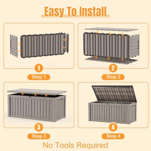 Outdoor Storage Box, 240 Gal Waterproof Resin Deck Box w/Support Rod