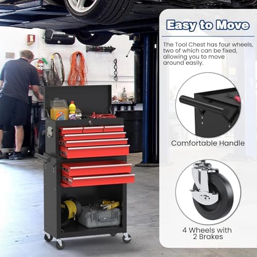 Rolling Tool Box with Wheels, 8-Drawer High Capacity Tool Chest with Wheels, Removable Storage Toolbox with Lock for Garage, Workshop (BlackRed)