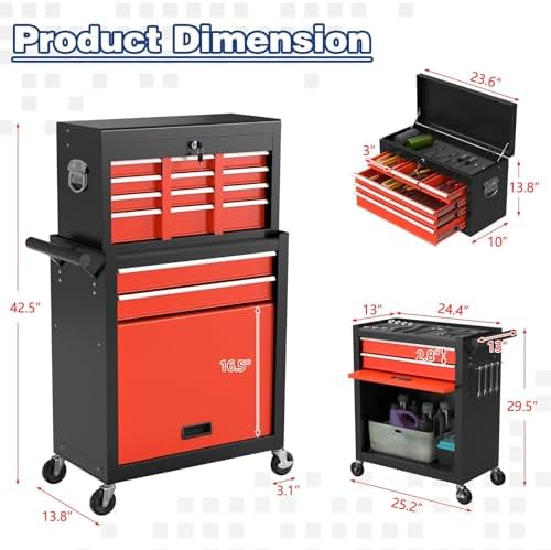 Rolling Tool Box with Wheels, 8-Drawer High Capacity Tool Chest with Wheels, Removable Storage Toolbox with Lock for Garage, Workshop (BlackRed)