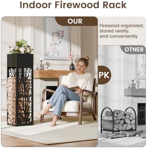 12" Firewood Rack Outdoor with Planter & Reinforced Bottom, Black