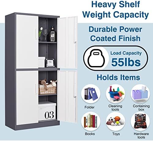 PEUKC Metal Storage Cabinet with Adjustable Shelves & Locking Doors, Tool Cabinets for Garage, Office, Home, School, Gym Storage (White Grey, 31.5" W x 15.7" D x 71" H - C)