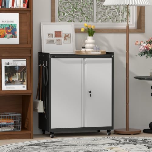 32''H Metal Garage Storage Cabinet with Wheels, Tool Storage Cabinets with Lock, Lockable Steel Rolling Tool Chest with Doors & Adjustable Shelves for Garage, Home, Office
