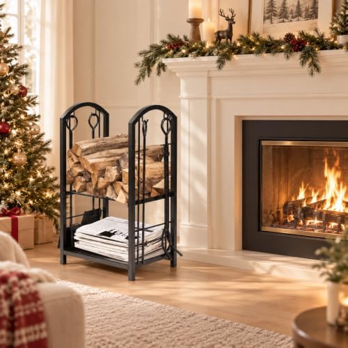 Tangkula 2-Tier Firewood Rack with 4 Fireplace Tools, 17.5''x12''x29.5''