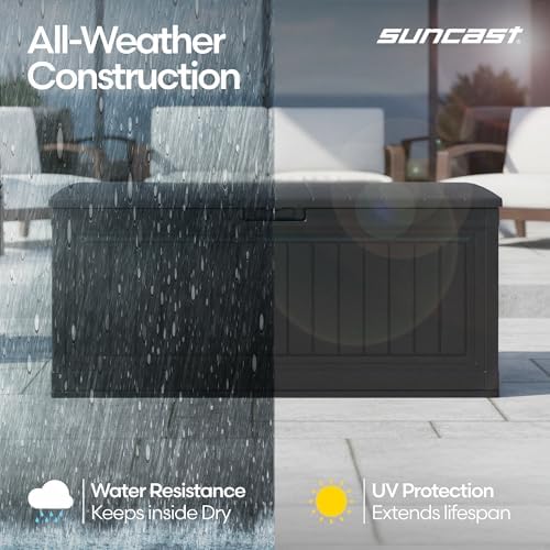 Suncast 80 Gal, Large Outdoor Patio Deck Box, Pad-Lockable Lid, Iron Ore