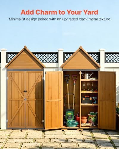 VEVOR Outdoor Storage Shed, 30" x 66.93" Wood & Metal Garden Tool Shed with Lockable Doors & Sloped Roof, Waterproof Outside Storage Cabinet with Shelves & Floor for Backyard Patio Lawn, Brown