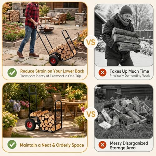 Goplus Firewood Cart with Wheels, Outdoor Indoor Rolling Fire Wood Log Cart with Pneumatic Rubber Tiers, 220 LBS Load Capacity Heavy Duty Steel Wood Storage Hauler, Log Holder Rack for Fireplace
