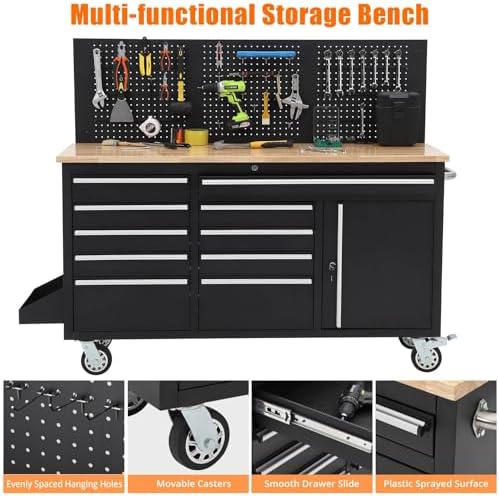 Garvee Rolling Tool Chest, 61 in Garage 10 Drawers Workbench Storage Tool Cabinet with Solid Rubber Wood Top, Power Strip, 1675 LBS Load Mobile Workstation, Heavy Duty Rolling Cabinet, Black
