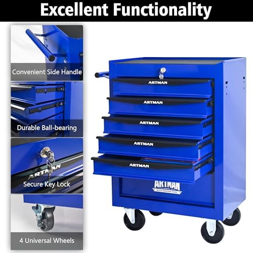 RYH 5 Drawers Rolling Tool Chest 13"D x 20.9"W x 30.5"H (Blue, 5 Drawers)