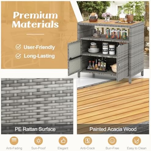 Rattan Storage Cabinet, Outdoor & Indoor Sideboards with Acacia Wood Countertop & Open Compartment, Wicker Patio Buffet Storage Bar Table for Garden Kitchen Poolside Backyard (Grey)