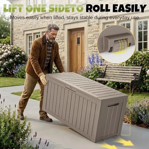 145 Gallon Outdoor Storage Box Waterproof Deck Box with Wheels, Grey