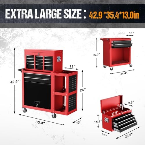 8-Drawer Rolling Tool Chest,3-in-1 Tool Box on Wheels with Lockable Steel Cabinet, Detachable Top Toolbox & Bottom Storage Cart with Additional Cabinet for Repair Room,Warehouse,2026 Red