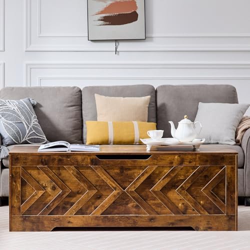 55.1” Storage Bench, Extra Large Entryway Bench with Storage,Storage Chest with 2 Safety Hinges,Blanket Storage,Shoe Storage Chest for Bedroom,Living Room,Easy Assembly. (Rustic Brown)