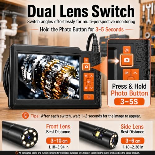 dual lens borescope camera 33ft with 4.3'' hd, close-up detail