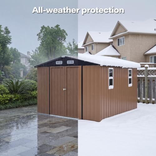 LAUSAINT HOME 10 x 12 FT Outdoor Storage Shed with Windows, Heavy Duty Galvanized Steel Storage Shed with Double Lockable Doors, Gable Roof & Air Vent for Backyard & Patio, Brown