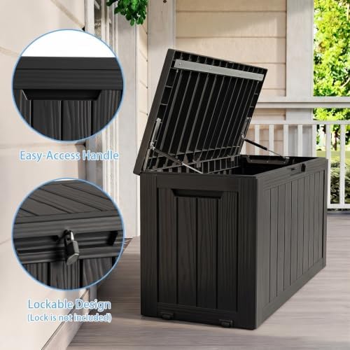 ROJIK 149 Gallon Outdoor Storage Box Waterproof,Weatherproof Deck Boxes Outdoor Lockable,Resin Outside Storage Box for Garden Tools,Cushions,Accessories(Black,149 Gal)